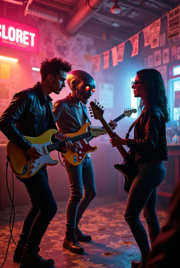 Two punk teenagers, an alien in a musical battle , and a woman with glasses all in a room