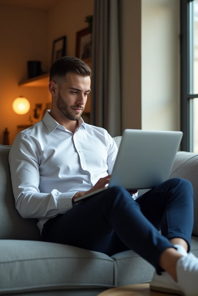 best qualityer:1.4), (ultra high resolution:1.2), (photorrealistic:1.4), (8k, CRU photo:1.2), a thin young man of 20 years old, brunette skin, with a smooth, beardless face, with short hair, with shaved sides and a slightly low top, he is wearing a white shirt and a navy blue dress shirt on top, is wearing navy blue dress pants, He's wearing white sneakers. He is sitting on the couch with his legs crossed. He's fiddling with the laptop that's on the edge of the sofa.