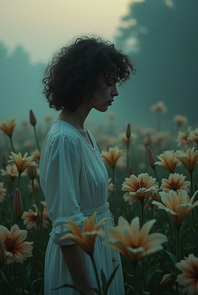 Make a scene according to my poem, what do you imagine, put a curly haired wall character and make it melancholic? Lilies Longed for passions, purity and spirituality. I grew up with lilies, whose meaning precisely represented my longings. However, my desires remained only in the realm of dreams, I stuck to them and my cultivation did not flourish. I had hope that my lily garden would bloom, bet, Em vez disso, he filled himself with dry and withered flowers. Maybe my inner desires were not enough to cultivate them., since I wanted to flourish externally, without realizing that I was neglecting myself, the essence and inner beauty. What good is outward beauty if the soil is corrupt and the roots are dying?? I realized that I didn't bloom as I expected.. The Lilies, instead of bringing me life, ended up bringing death to the essence of my being.