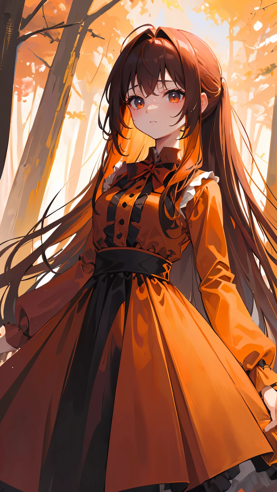 anime girl standing in a middle of deep forest, wear a classy coffee Chiffon Dress, Long sleeve, golden, orange and red theme highlights, silky brown hair with ponytail hairstyle, high hair texture quality and details, The colors and textures of the painting come together to create a dreamlike atmosphere, 28 year old, cute face, have a nice figure, >, high quality for background and details, no override, no glitches on image, colorful painting art type, advanced quality for color and details, soft air details on dress and hair, masterpiece, 16k quality, >, >.