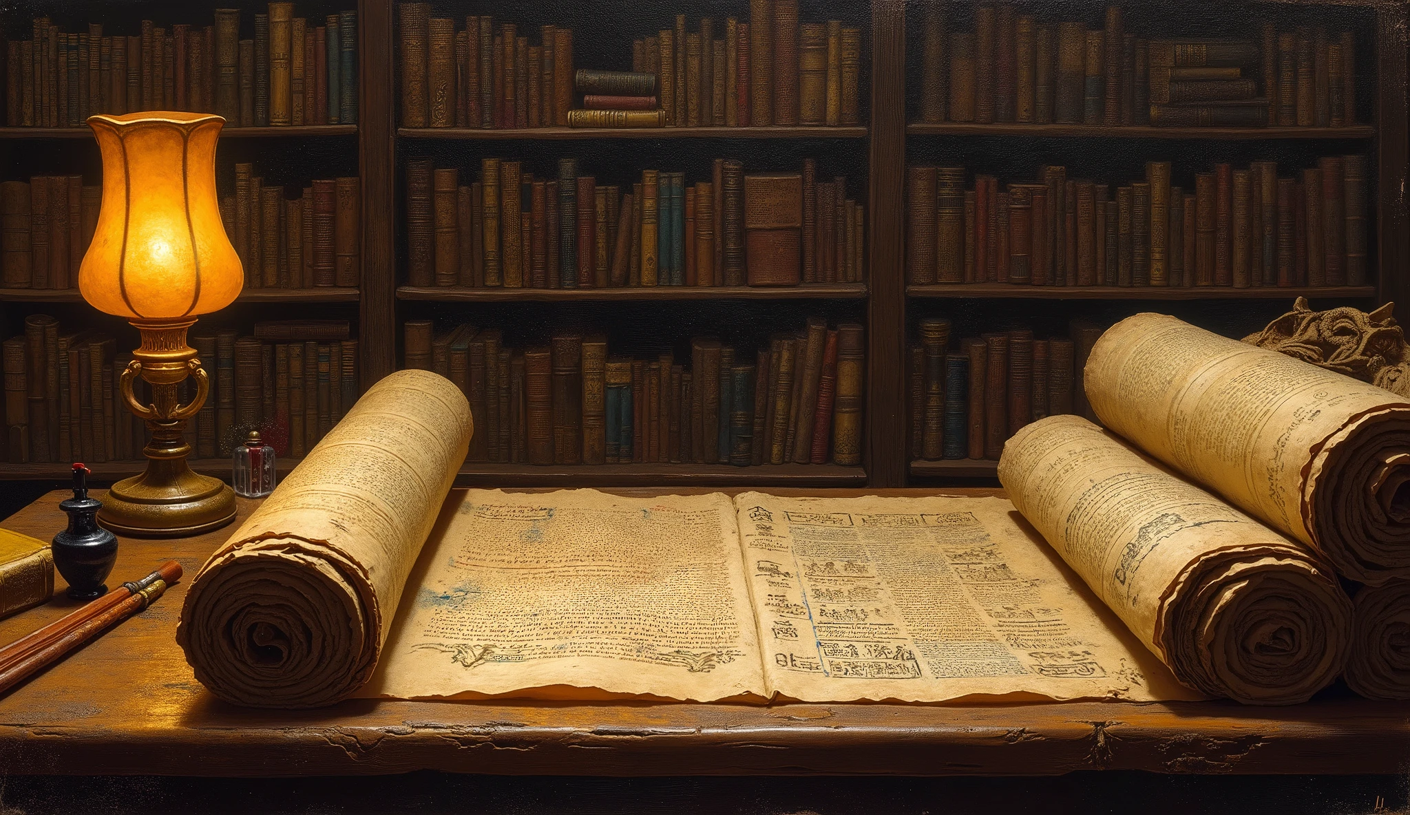 oil painting, ancient papyri and scrolls