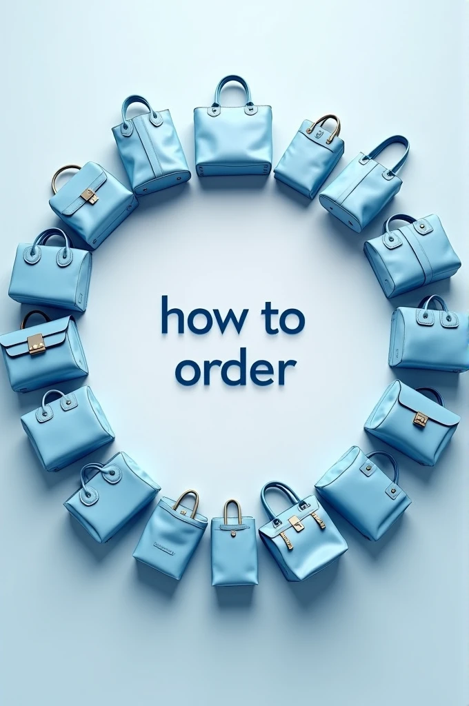 Creat a realistic image full of luxury bags attached around the cicle and write "how to order" in the center of the image in circle. Theme should be sky blue and white