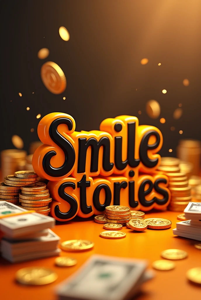 Make a 3D logo with black and orange colors that has a lot of money next to it and says Smile Stories