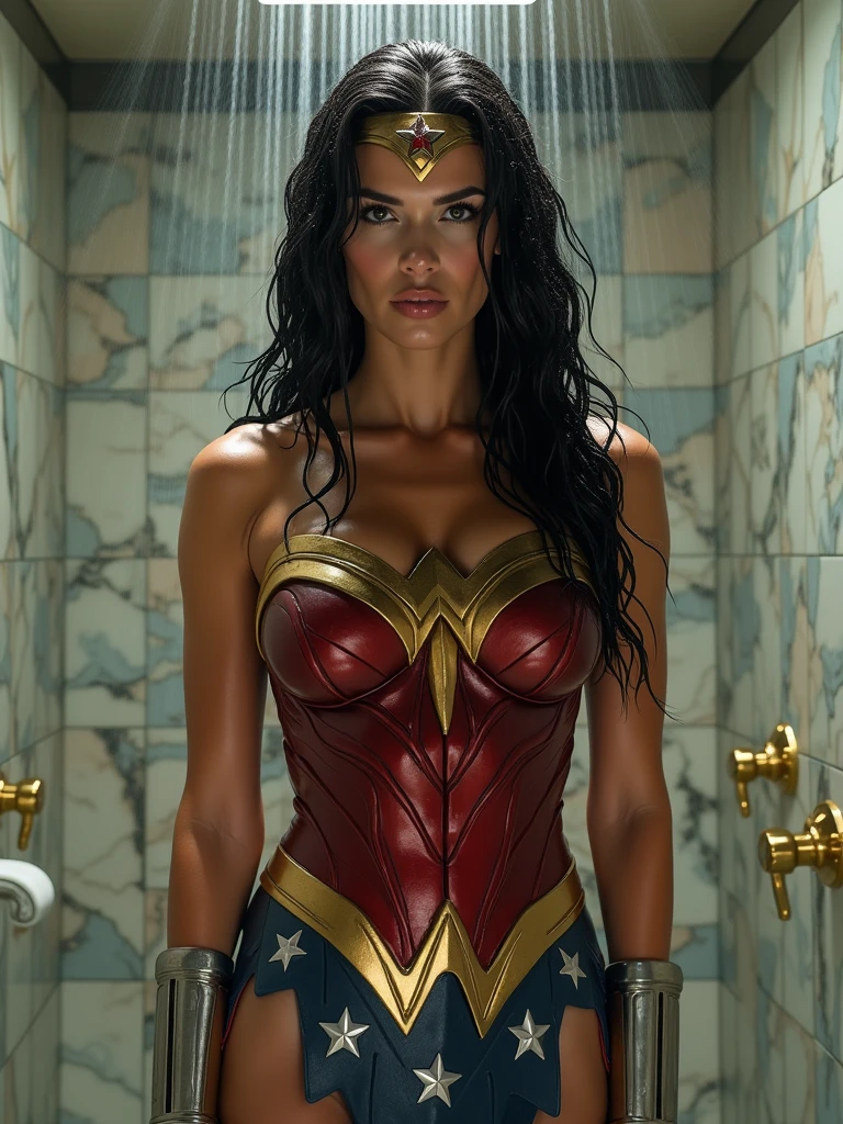 a beautiful wonderwoman, gal gadot, wet at showering in the bathroom, full body, wide shot, realistic, highly detailed, photorealistic, 8k, hyper-detailed, masterpiece, intricate details, dramatic lighting, cinematic, flowing wet hair, water droplets, porcelain skin, muscular physique, determined expression