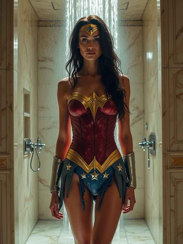 a beautiful wonderwoman, gal gadot, wet at showering in the bathroom, full body, wide shot, realistic, highly detailed, photorealistic, 8k, hyper-detailed, masterpiece, intricate details, dramatic lighting, cinematic, flowing wet hair, water droplets, porcelain skin, muscular physique, determined expression
