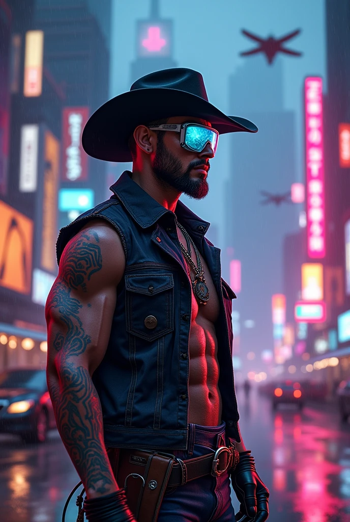 there's a man in jeans and hat standing in the street with a city, carrying a very strong pit bull dog in the chain, very cyberpunk style, in the city, inspired by Arik Brauer, inspired by James Gurney, streets of New York, technoviking man without a shirt, inspired by Bruce Gilden, urban in the background, with a very sharp sky and a helicopter in the air,  Photo manipulation, standing on a city street, Lucas Graziano, in a cyberpunk city Preparing --auto --s2