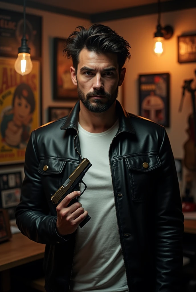 A man in a studio with a gun