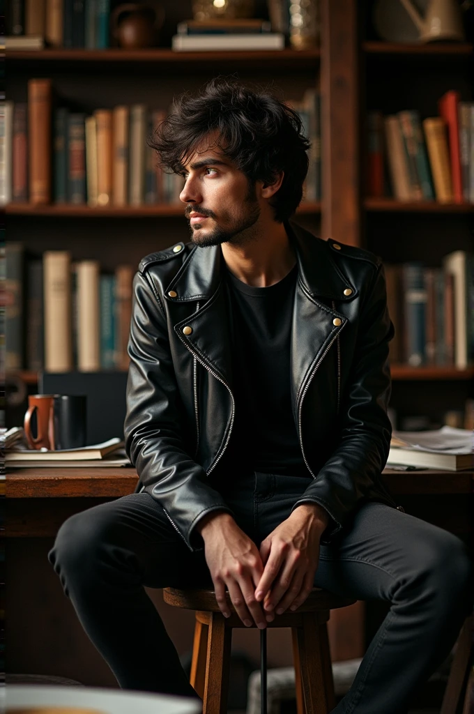 A 25 years old boy wearing black leather jacket and black t shirt looking left side sitting on the stool and behind there's a book shelf 