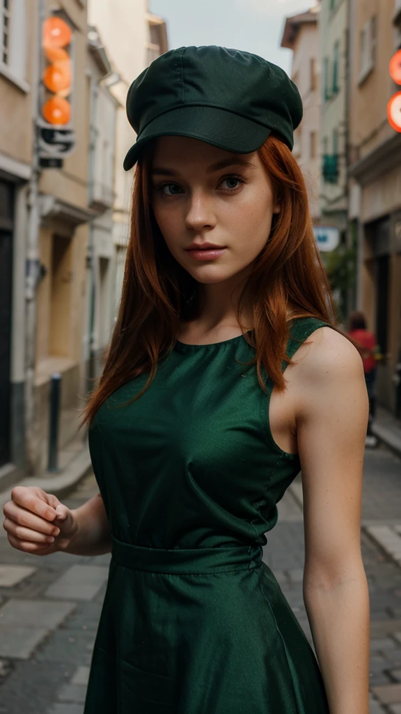 Une jeune femme rousse aux yeux verts, ultra realistic, in a dress with a cap