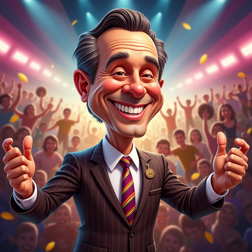 A caricature of Brazilian TV presenter, Silvio Santos. Focus on her big, bright smile with very white, prominent teeth. His skin should be fair, reflecting his white complexion. His hair should be slicked back and dark brown with some gray streaks to represent his advanced age. His expression should be friendly and excited, with half-closed eyes, as if he were smiling or laughing. He is dressed in a dark-colored suit, with light stripes, with a tie that supports his microphone. colorful and bold. And his arms make an expansive gesture, as if he were telling a story or interacting with the audience, and his appearance should reflect an older, wiser version of his look. iconic.