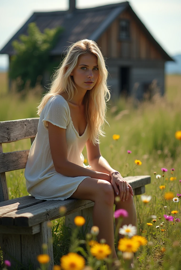 A blonde woman sits sadly on a worn-out bench. The weather is windy and sunny. There are few flowers around. There is a hut right behind her