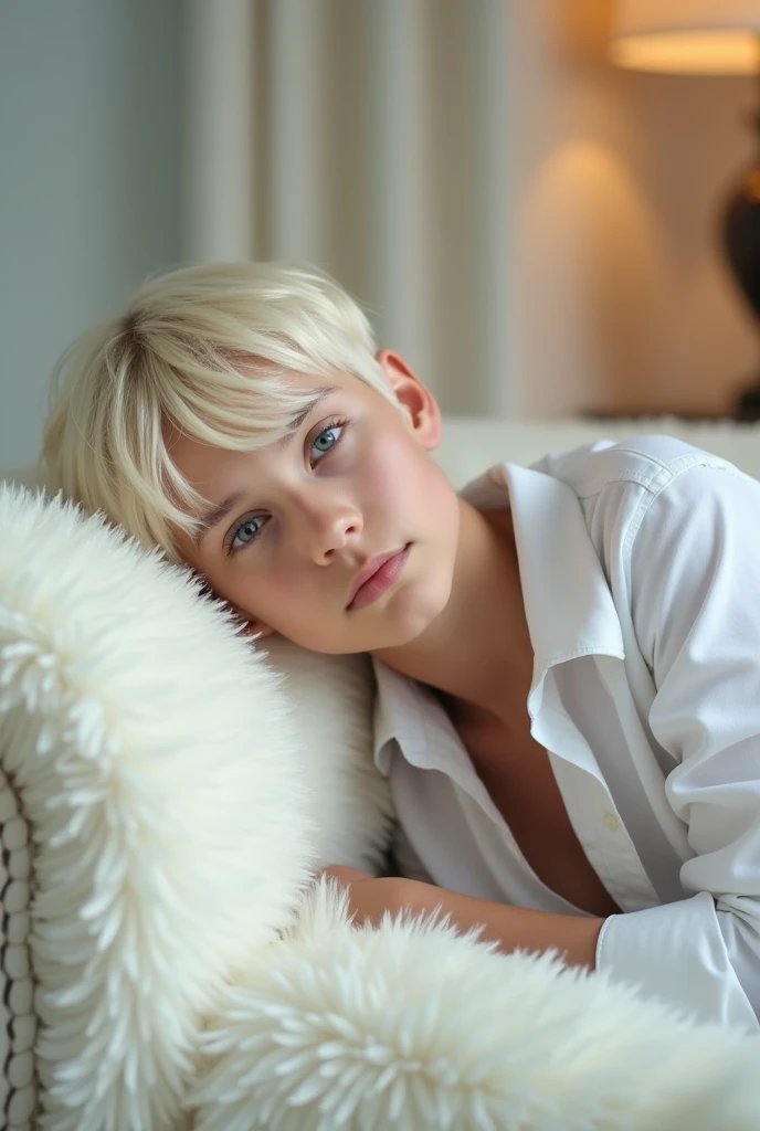 A boy crying blond boy with blue eyes very white skin very beautiful and tender face in a large and elegant room with clothes sad European boy with a tender and sad look very masculine