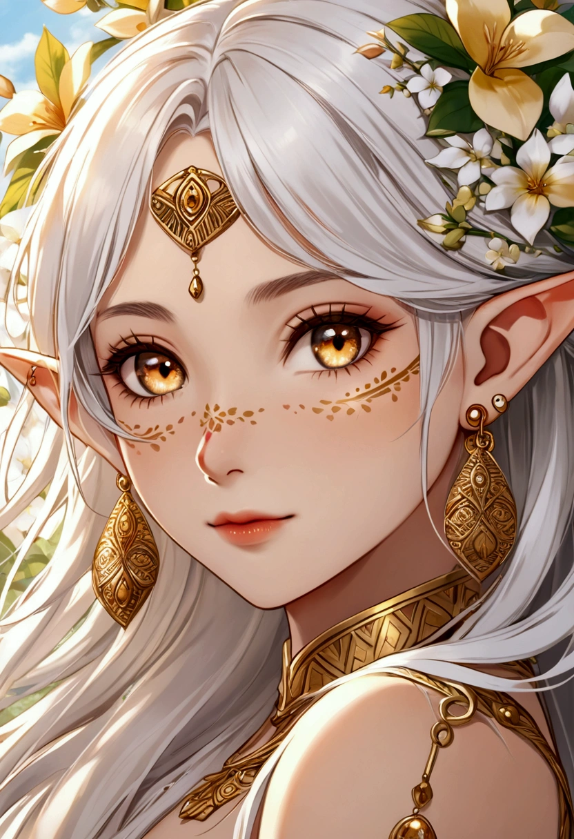 ((best quality))) (((HD))) (((8k))) (character) 20-year-old girl, elf, ((beautiful)) and ((happy)), ((Golden eyes)) light brown eye shadow ((white hair)) and ((long hair)) very close up on face, gold tribal marks on face, many flowers in hair,  ((gold septum nose peircing)) ((gold earrings)) tip of ear pierced.  ((Enchanting)) ((mystical)) lures you in. Flower petals blow in wind 