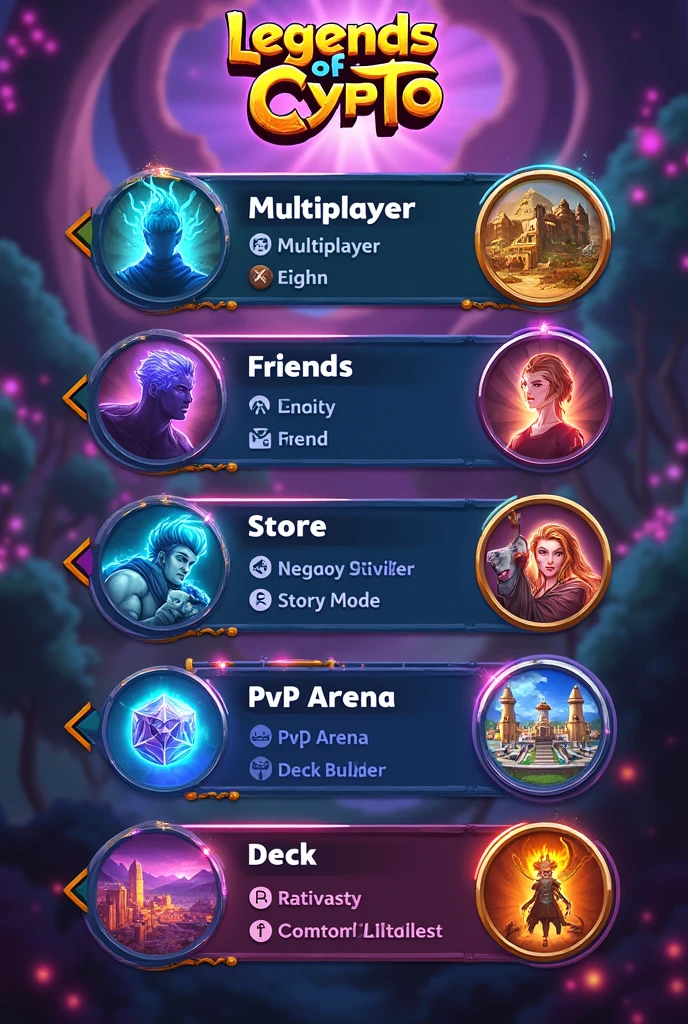 Дизайн меню для мобильной карточной игры Legends of Crypto. Основные меню - Multiplayer, Friends, Store, Story mode, Pvp arena, Deck bulder