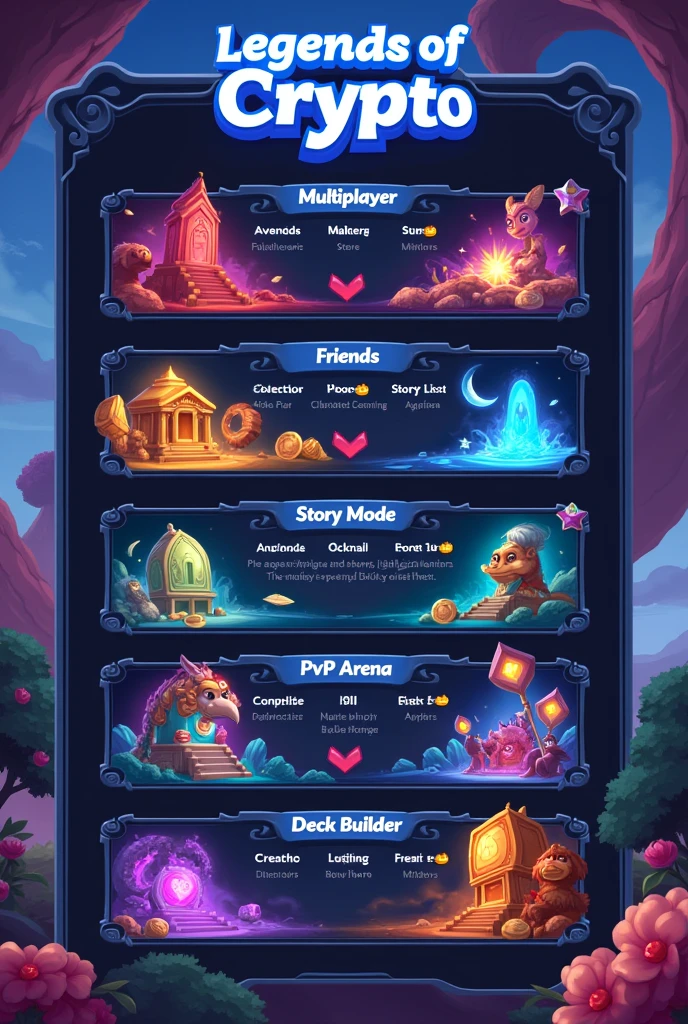Дизайн меню для мобильной карточной игры Legends of Crypto. Основные меню - Multiplayer, Friends, Store, Story mode, Pvp arena, Deck bulder