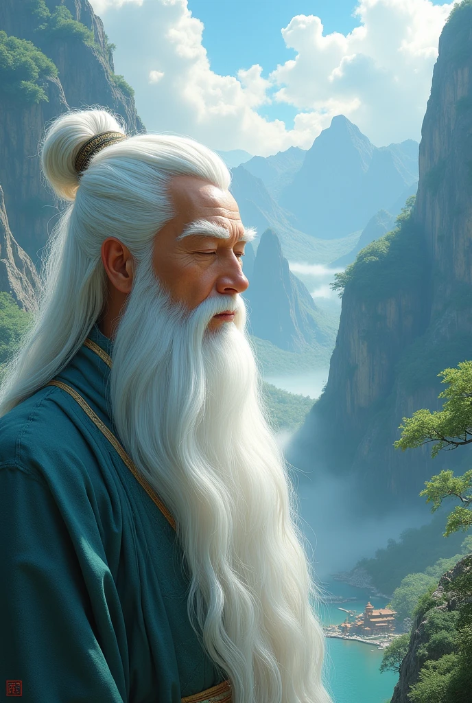 solo,(elder:1.2),(eyes_closed:1.2),kindly,mountain deity,freehand landscape painting,a male image,peak,waterfall,waterfall,gods,immortal,giant gods and mountains merge into one,white hair,white beard,white eyebrows,wrinkle,, masterpiece,best quality,highly detailed,Amazing,finely detail,extremely detailed CG unity 8k wallpaper,score:>=60,, beautiful detailed eyes,Fine hair texture,, incredibly absurdres,wallpaper,realistic,real,photo,landscape,foreshortening,xianxia