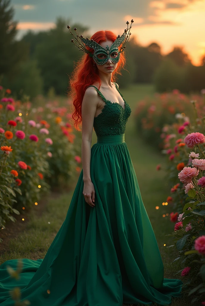 Redhead woman in long moss green dress and mask ,fully body 