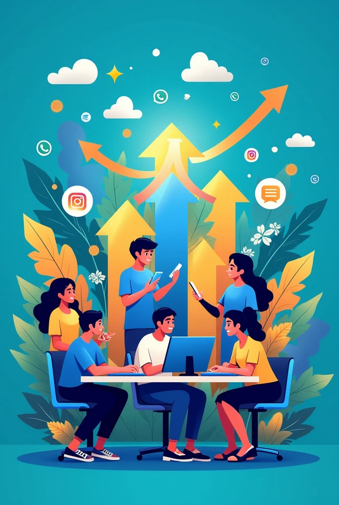 Create a vibrant photo that represents a recruitment announcement for a position on social media. With blue tones, orange and green. Incorporate Facebook icons, Instagram, WhatsApp, Messenger and graphics that represent growth and connection, like upward arrows and people collaborating. diverse and enthusiastic people working in a modern environment, using mobile devices and computers with a wad of cash on their side.