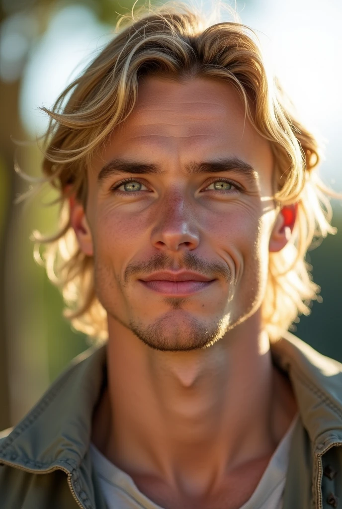 tall blond man with light eyes, with easy moles thin lips and perfect smile, slanted eyes, profiled but large nose