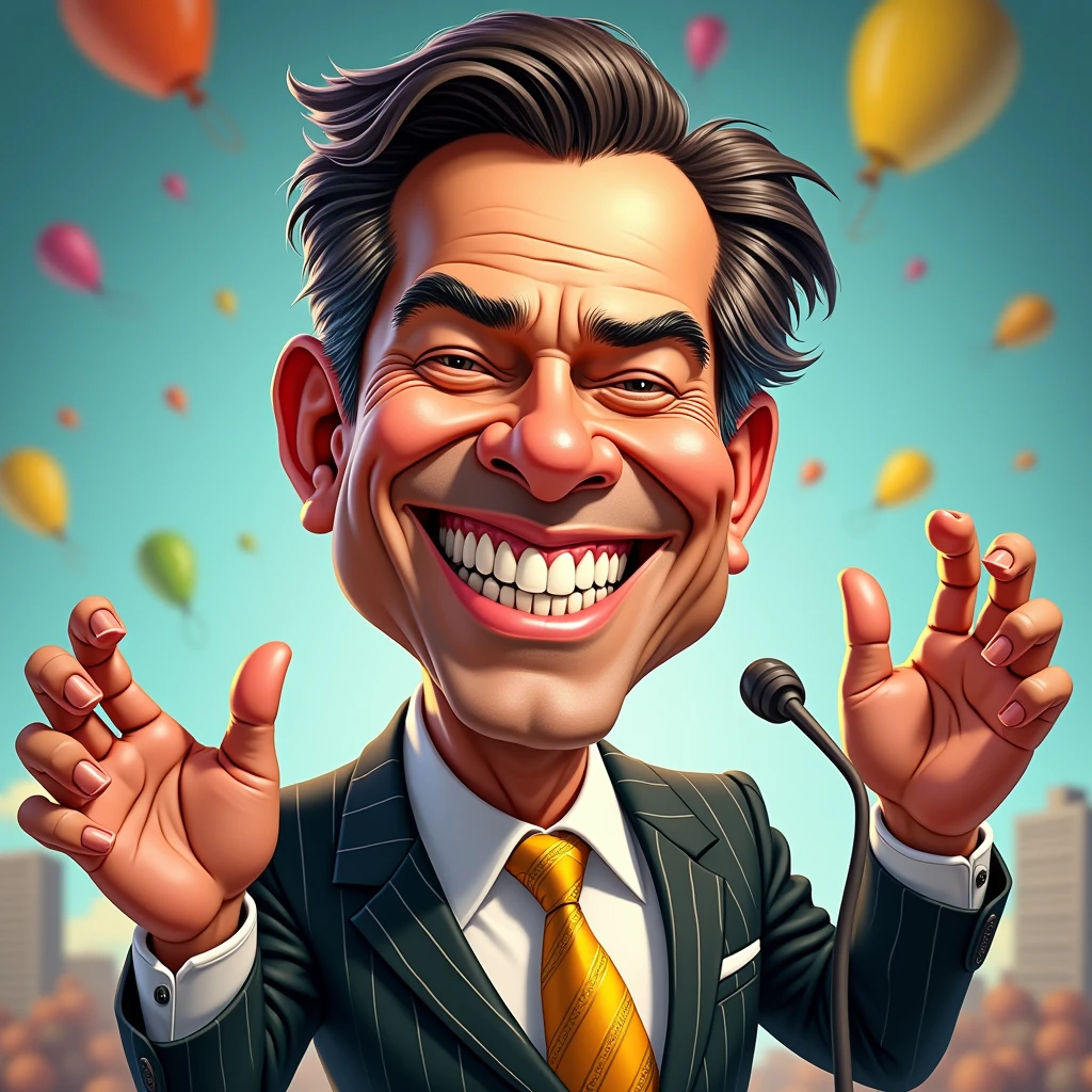 A caricature of Brazilian TV presenter, Silvio Santos. Focus on her big, bright smile with very white, prominent teeth. His skin should be fair, reflecting his white complexion. His hair should be slicked back and dark brown with some gray streaks to represent his advanced age. His expression should be friendly and excited, with half-closed eyes, as if he were smiling or laughing. He is dressed in a dark-colored suit, with light stripes, with a tie that supports his microphone. colorful and bold. And his arms make an expansive gesture, as if he were telling a story or interacting with the audience, and his appearance should reflect an older, wiser version of his look. iconic.