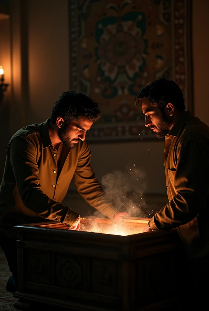 [Scene 4: The Old Chest Opening on Its Own]
Prompt: An old, wooden chest creaking open on its own in the middle of the haveli’s dark room. Inside, a faint glow can be seen, with a mysterious object barely visible. Farhan is startled, ready to run, while Ahmed looks determined to discover what’s inside.