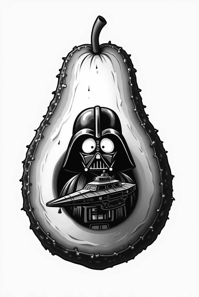 Create a black and white tattoo on an avocado like a Cartman ship and Dart Vader inside but more balanced
