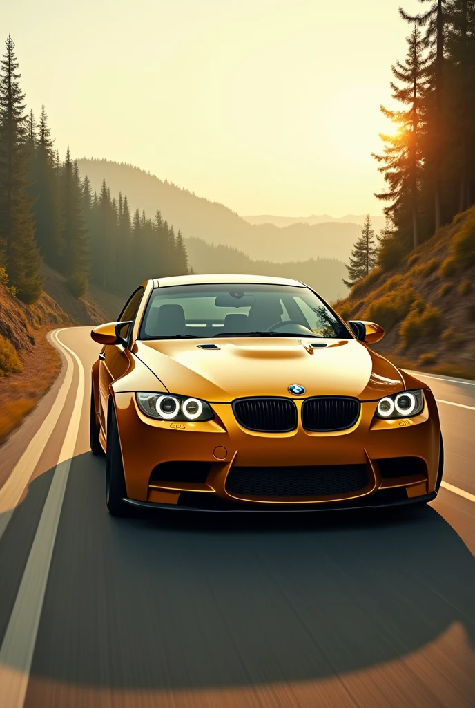 BMW E92 gold, Riding on the road, At dawn.Hit people