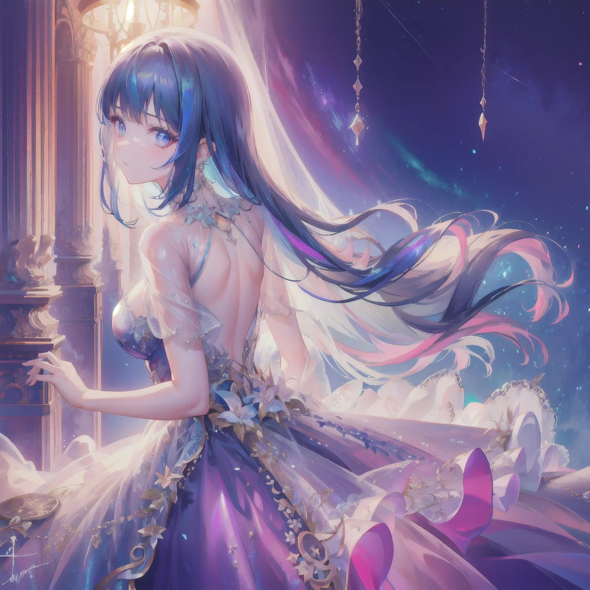 Pretty girl, headshot, iridescent organza dress, fluffy organza dress, veiled dress, extremely detailed, extremely pretty, turning back to look at viewer, sparkling threads in hair, splendid, gorgeous, dramatic lighting, sfw