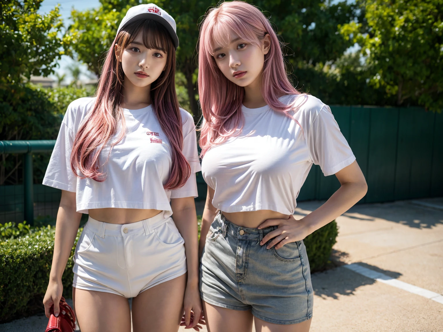 2 girls, 21yo girl,pink hair,long hair, wearing oversize white t-shirt, hot pants, wearing a baseball cap, natural big breast, show big thigh, plump body, single sidelock hairpin blush modern cinematic lighting,ray tracing,drop shadow wide shot UHD,textured skin,high details,best quality 4K, (from below:1.2), (realistic:1.1), (surreal:1.2), (very detailed:1.1)