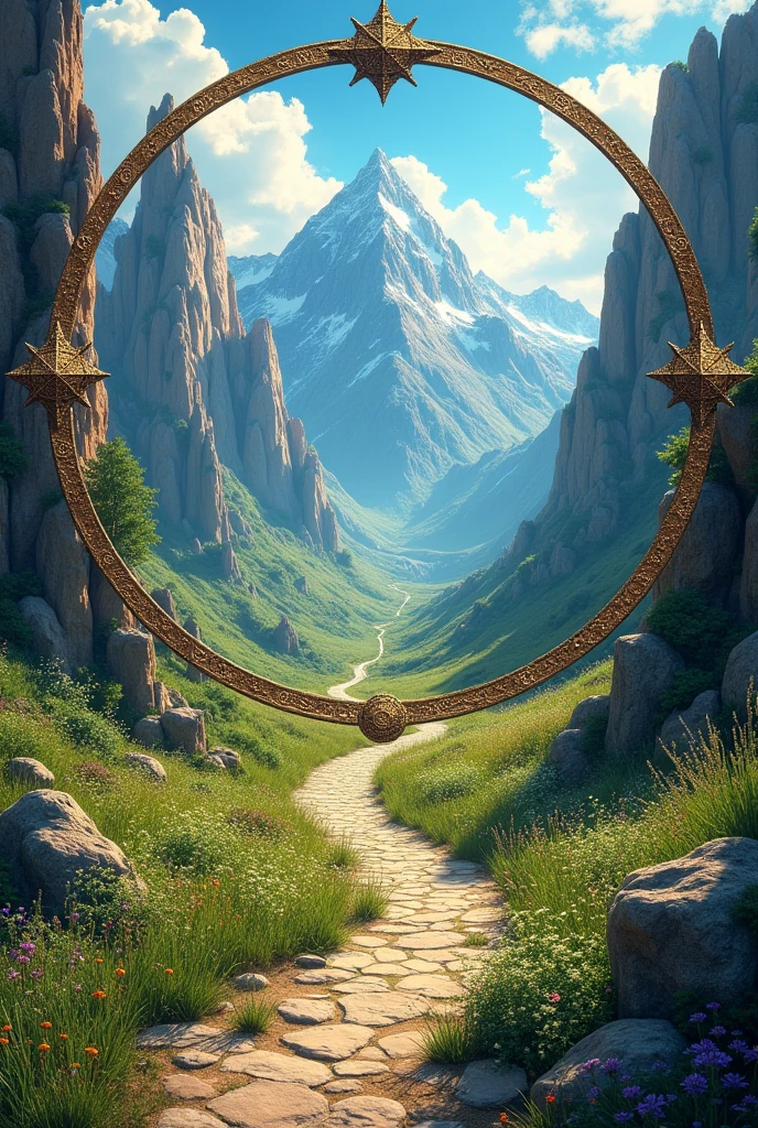 a path between mountains, inside a compass. This compass is the circle of the number 9