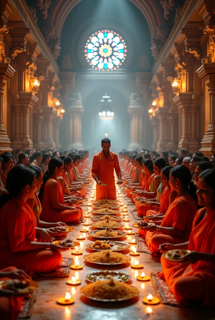 Hindu temple when 100 people sit-down & 1 person giving everyone food