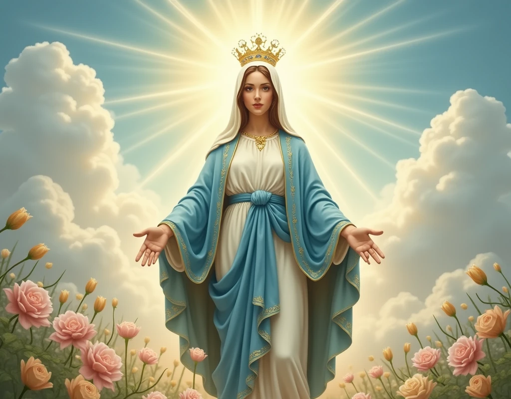 Depict the Virgin Mary in a serene, celestial setting. She should be portrayed with a gentle, compassionate expression, wearing flowing blue and white robes with subtle golden accents, and no earrings. A delicate crown adorned with small, radiant jewels sits atop her head, signifying her royal and divine status. She is surrounded by an array of soft, blooming flowers, such as lilies and roses, symbolizing purity and love. A soft halo of light surrounds her head, emphasizing her divine nature. Her hands are gently extended in a gesture of blessing, with radiant beams of light emanating from her palms, symbolizing divine grace and love. The background is a radiant, heavenly sky with soft clouds, and a gentle light shines down, enhancing the peaceful, graceful, and sacred atmosphere."