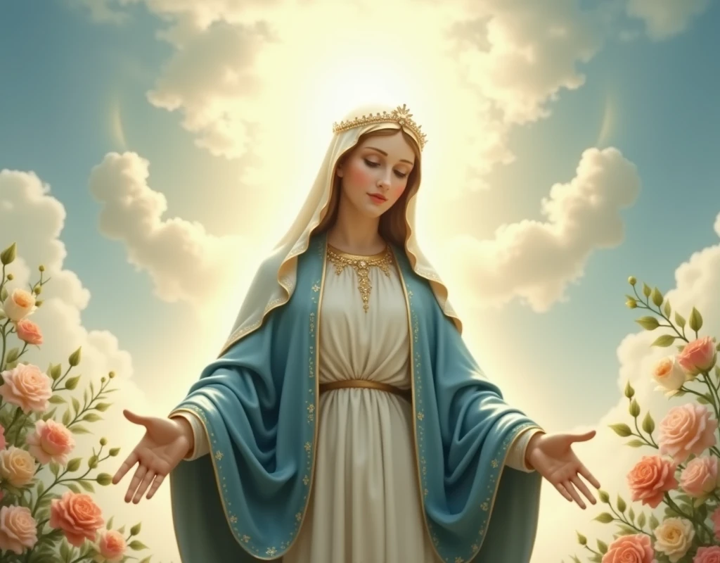 Depict the Virgin Mary in a serene, celestial setting. She should be portrayed with a gentle, compassionate expression, wearing flowing blue and white robes with subtle golden accents, and no earrings. A delicate crown adorned with small, radiant jewels sits atop her head, signifying her royal and divine status. She is surrounded by an array of soft, blooming flowers, such as lilies and roses, symbolizing purity and love. A soft halo of light surrounds her head, emphasizing her divine nature. Her hands are gently extended in a gesture of blessing, with radiant beams of light emanating from her palms, symbolizing divine grace and love. The background is a radiant, heavenly sky with soft clouds, and a gentle light shines down, enhancing the peaceful, graceful, and sacred atmosphere."