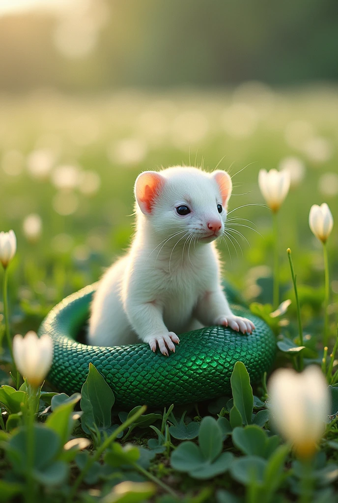 Albino ferret protectively surrounded by a green snake in a field of ground lilies