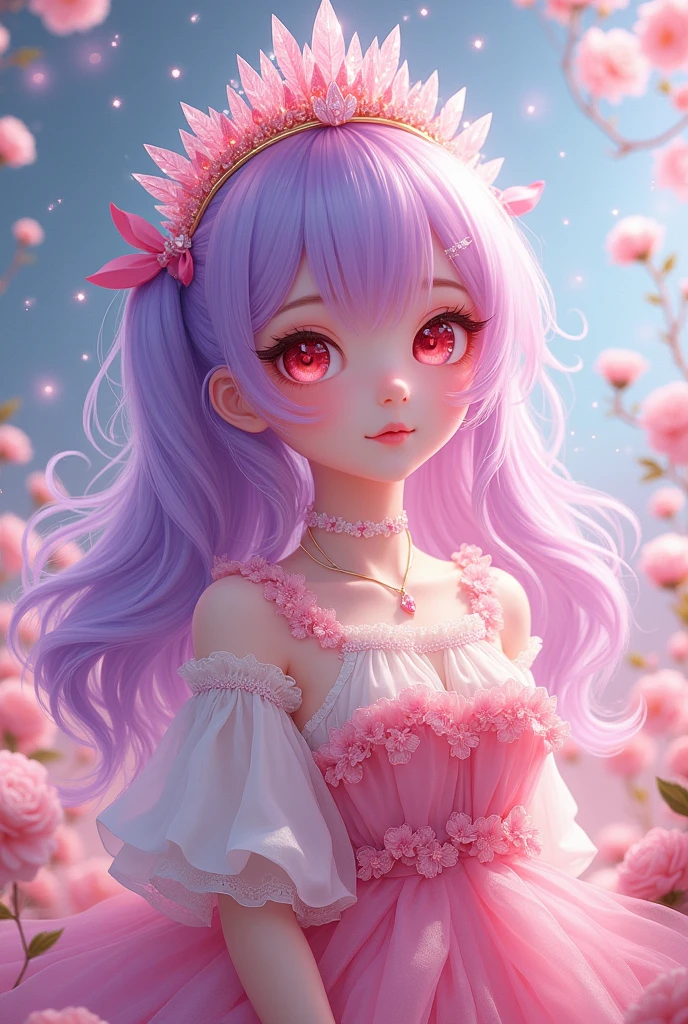 A girl with half-twin hair, some of which is dyed pink and purple, with white hair.。Red eyes and droopy eyes。She wears clothes with lots of frills and ribbons. pink crystal hair