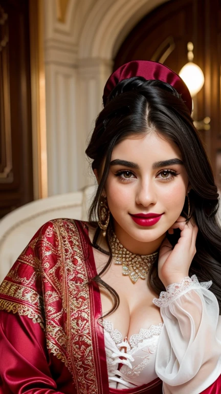 Lauren Jauregui wearing sexy Hungarian traditional clothes with lipstick and smiling