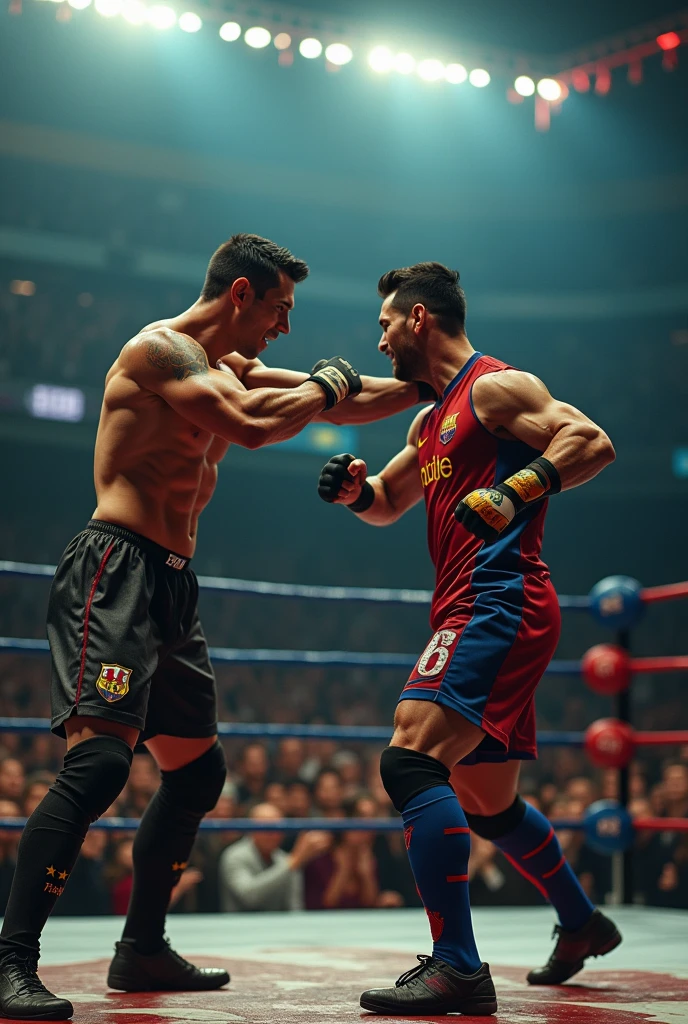 cristiano ronaldo wear jersi, muscular male fighter, wwe wrestler, punch face, Lionel messi, male soccer player, iron chair, action scene, dynamic pose, dramatic lighting, cinematic style, gritty texture, high contrast, intense colors, photorealistic.