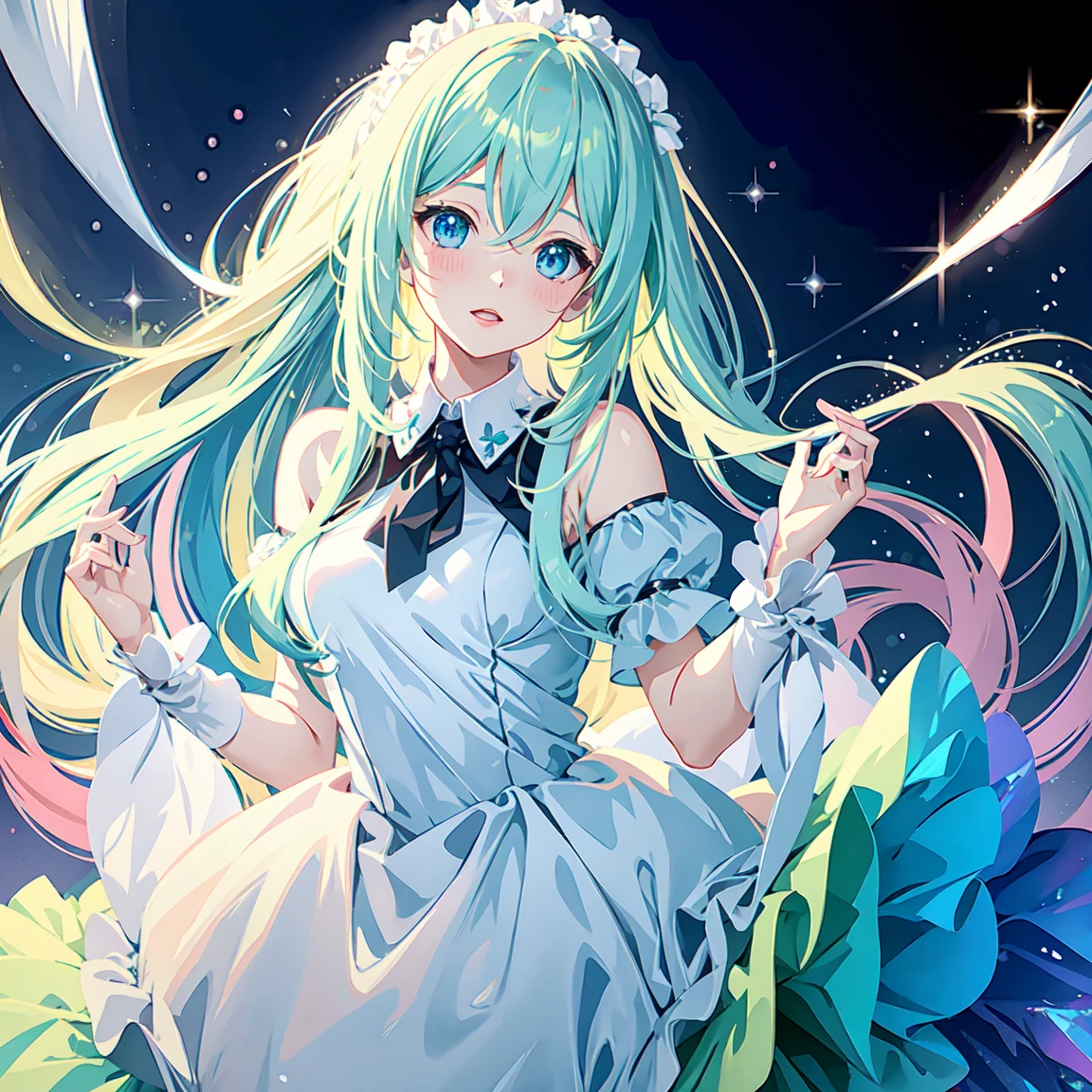 Pretty girl, headshot, nakano miku, iridescent organza dress, fluffy organza dress, veiled dress, extremely detailed, extremely pretty,, sparkling threads in hair, splendid, gorgeous, dramatic lighting, ,