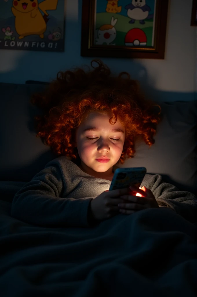 A girl crying in her bed holding her phone she has curly red hair her phone case has Pokémon on it and a black blanket on her and it's dark