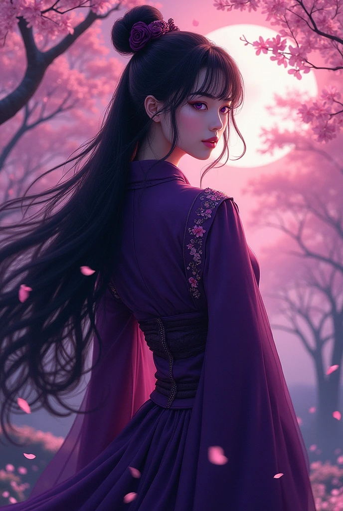 Powerful Gourgeous Japanese woman in dark purple outfit, long purple-black hair, violet eyes, she is powerful.