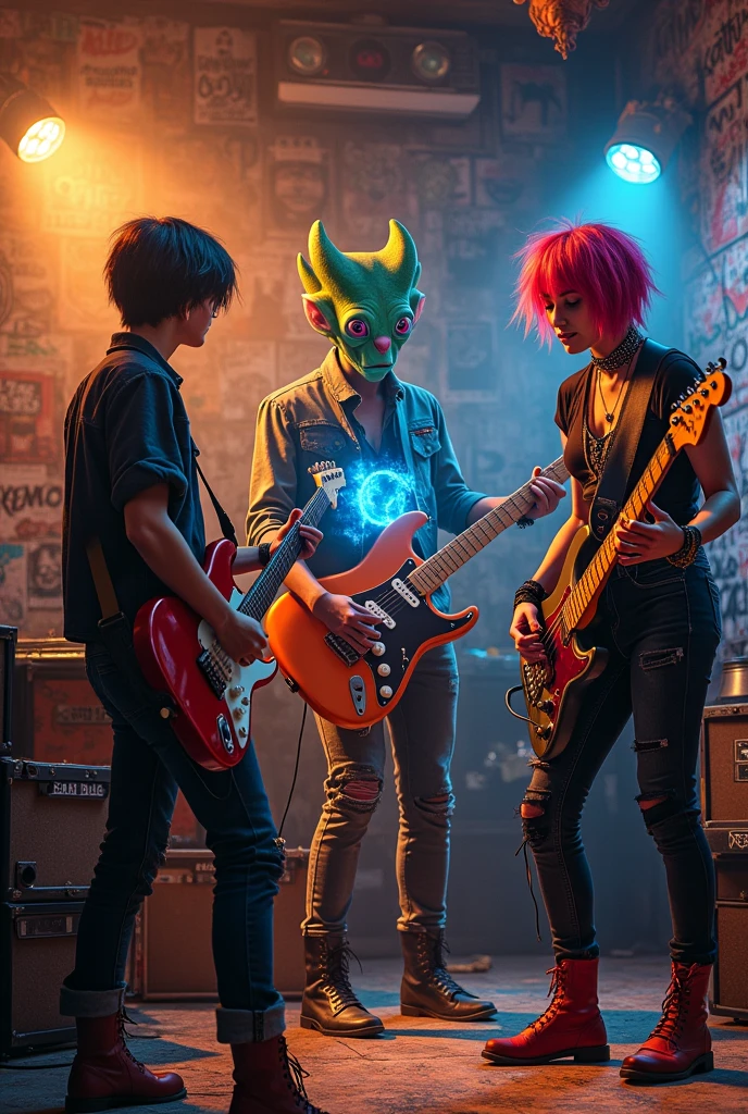 Two punk teenagers, an alien in a musical battle , and a woman with glasses all in a room