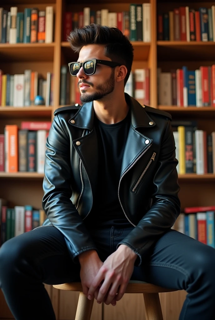 A 25 years old boy wearing black leather jacket and black t shirt looking left side sitting on the stool and behind there's a book shelf beardless and perfectly comb hair with black sun glasses