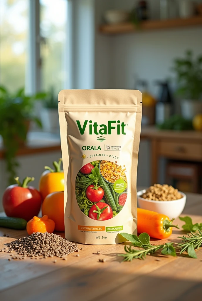 create a realistic and detailed healthy food packaging on a table with the label on the packaging written " VitaFit"