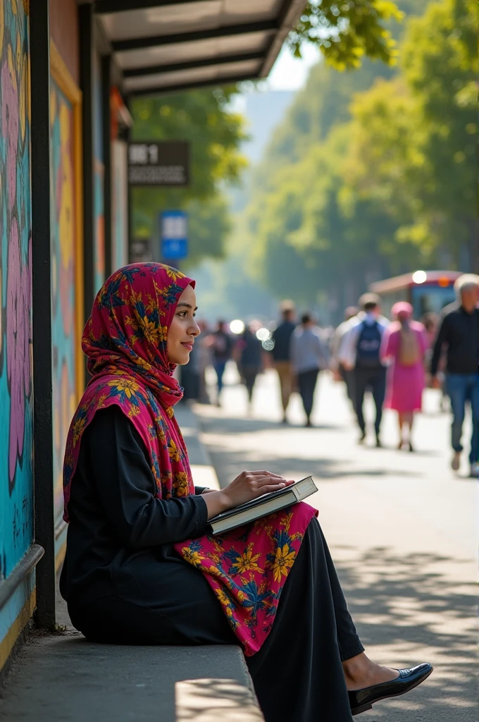 A hijab girl waiting for buss in buss stop