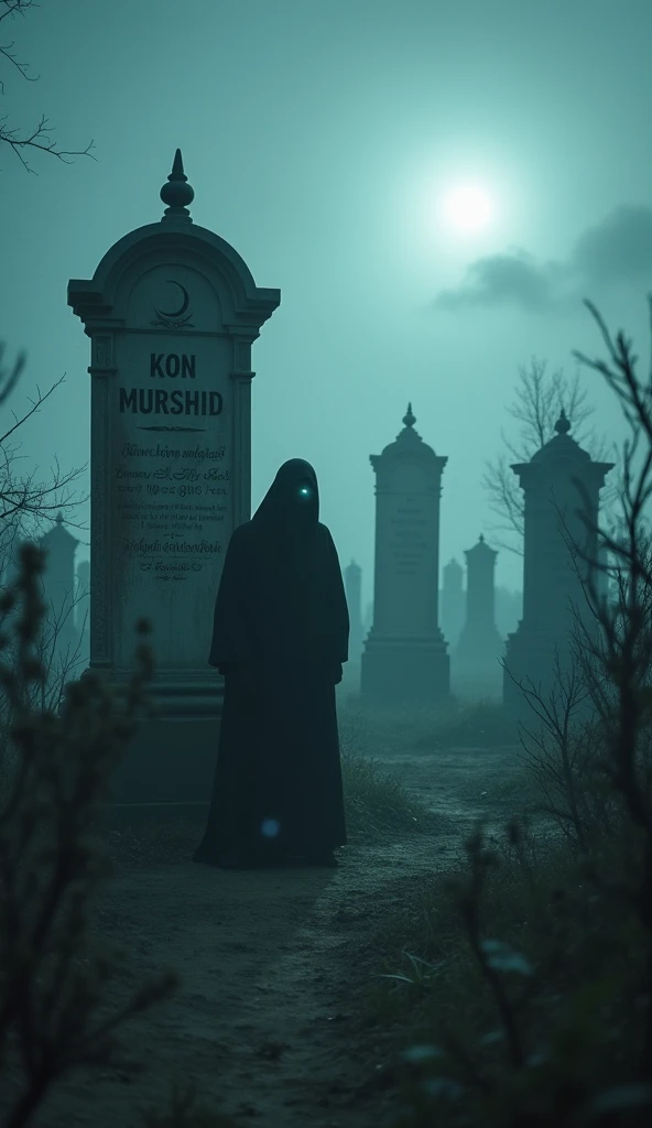 quality(masterpiece, highest quality, highest image quality, high resolution, photorealistic, RAW photo, 8K), BREAK, extremely detailed CG unified 8k wallpaper, BREAK, Kon Murshid? written on a gravestone in large, bold letters, BREAK, Muslim graveyard (old, weathered tombstones, Arabic inscriptions, crescent moon symbols on some graves, quiet and eerie atmosphere), mysterious fog, symbols of death appearing from the mist, reaching out to grab you, ominous atmosphere, a production that stirs up anxiety and fear, BREAK, 1 man (face hidden, wearing a long dark gown, slim body, standing near a grave, mysterious aura, covered head to toe, hands reaching out from the mist towards the viewer), BREAK, background (foggy Muslim graveyard, mist covering the ground, old graves, symbols of death floating in the air, reaching out to grab, thick fog, eerie lighting, dark night, unsettling atmosphere, unsettling moonlight, glowing eyes in the fog), close-up dynamic angle, BREAK, huge stunning shot with intense fear and dread in the atmosphere, hyper-realistic, cinematic quality, BREAK, (from below:1.3), (extremely high details and photorealism:1.5)
