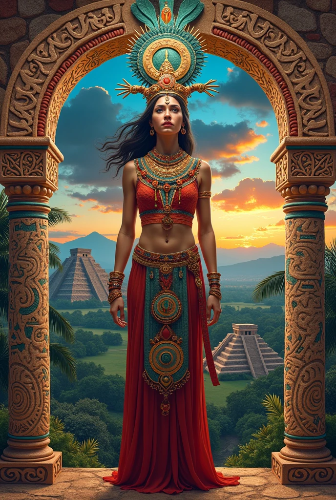 full body shot of a beautiful High-Priestess of an ancient Amazon tribe standing at a Toltec pyramid at sunrise