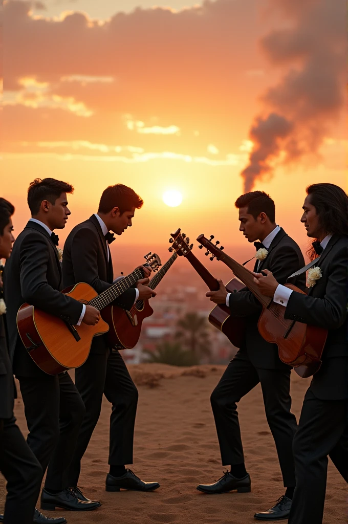 Scene from Luca, On the left, a group of young people in black suits, black bow and white carnation, with guitars as weapons, On the right side, a Peruvian rondalla with Peruvian costume and weapons. Epic Fighting Pose