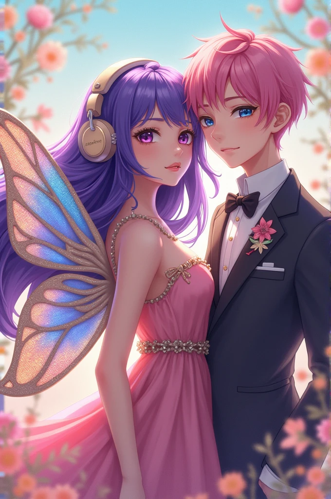 Korean purple hair butterfly woman with headphone and pink dress with gold and glitter wings and pink hair man in formal wear also cute clip
