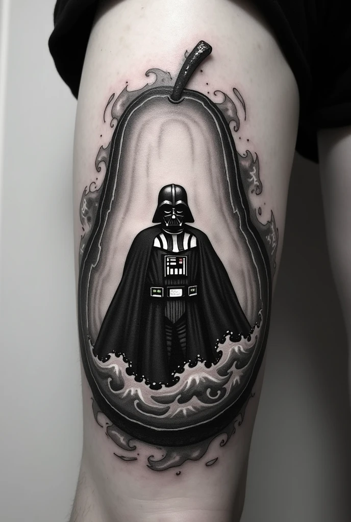 Create a black and white tattoo on an avocado like a Kennie ship and inside Dart Vader but more balanced
