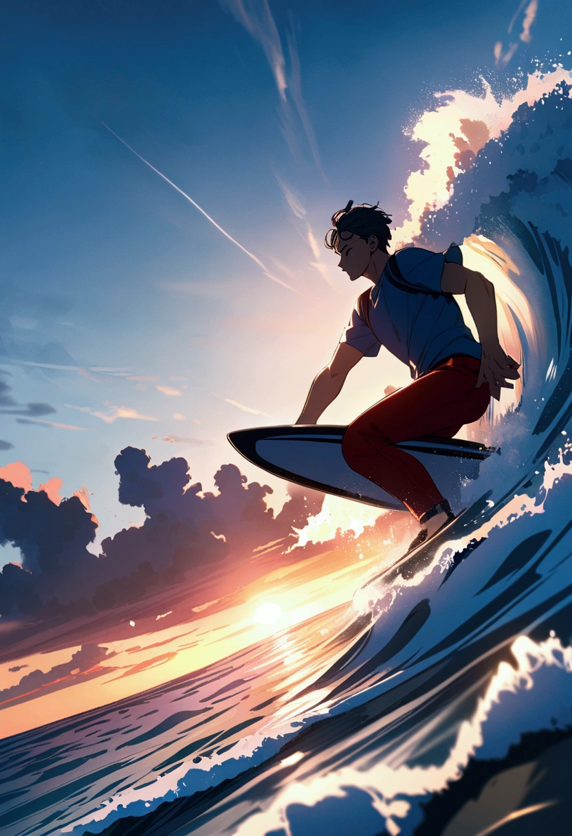 Anime boy with jetski surfing with action , waves, ocean , blue shirt,red pant, sunrise